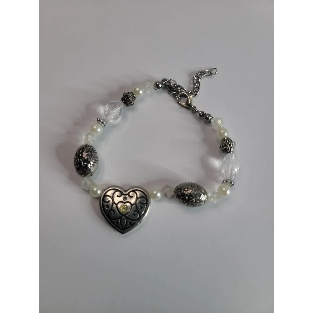 Silver-Tone Heart Charm Beaded Bracelet with Faux Pearls and Clear Faceted Beads
